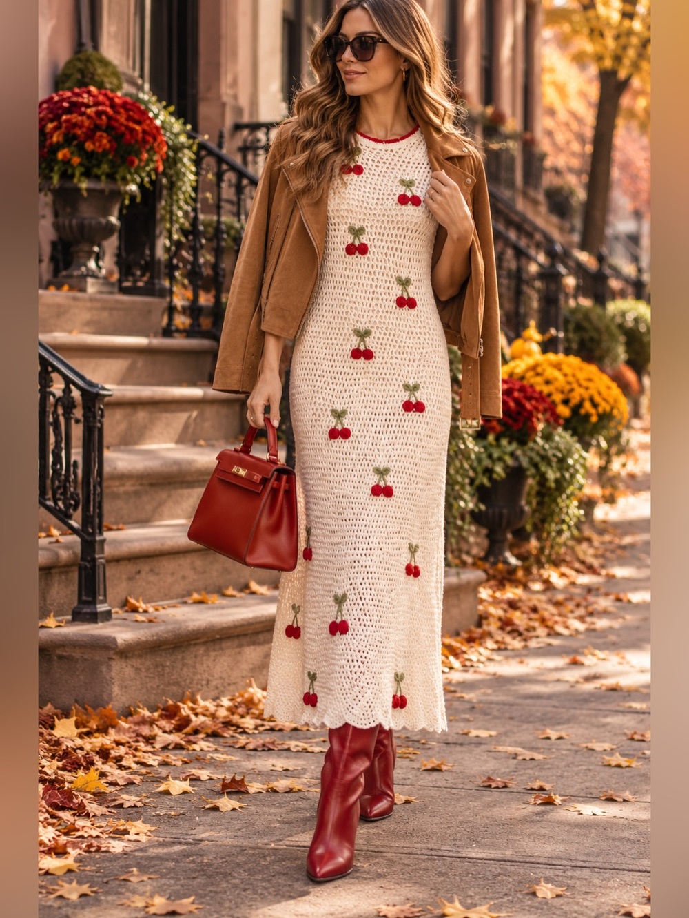 Callahan Cream Crochet Maxi Dress with Red Cherry Embroidery